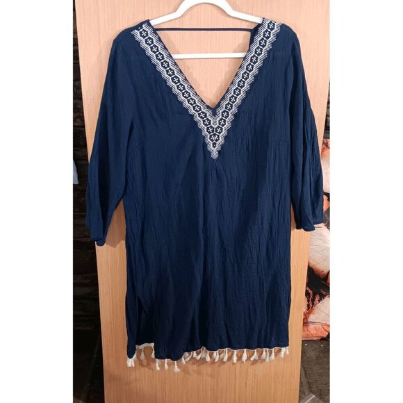 Kona Sol XL Womens Navy‎ Blue Tasseled Hem Embroidered Swimsuit Cover Up - Picture 1 of 8